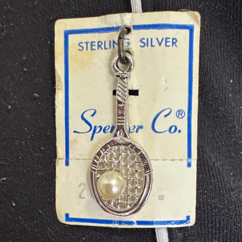 Sterling Silver Tennis Racket Charm with Pearl Accent